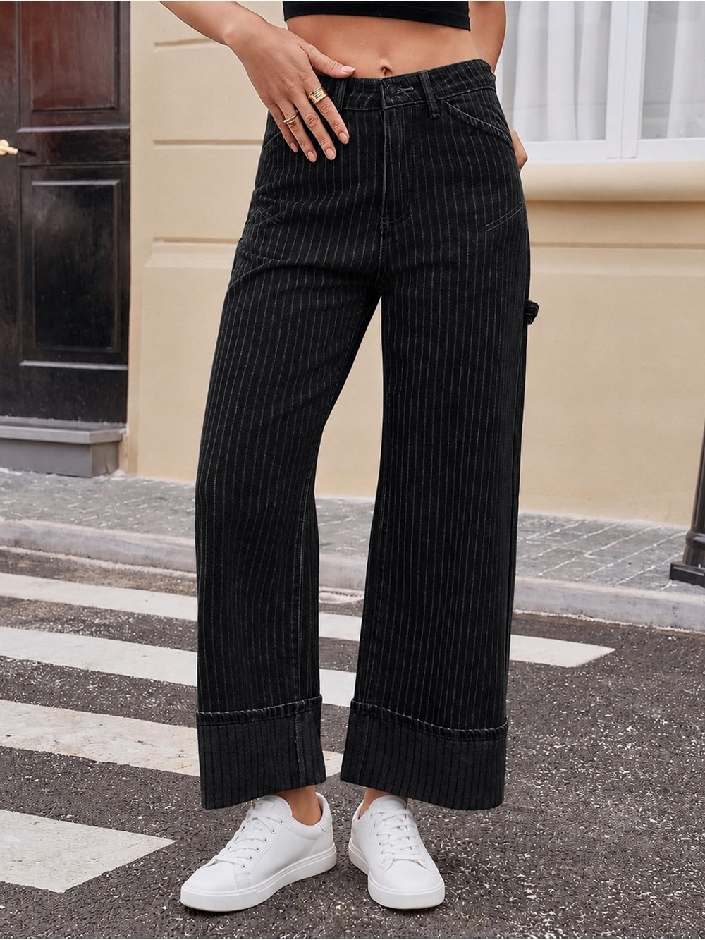 Wide Leg Pinstripe Jeans - Black